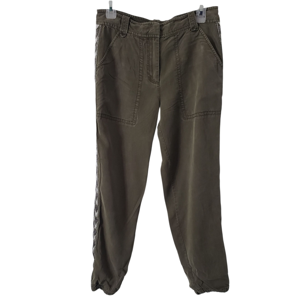 Rebecca‎ Taylor Women's Metallic Embroidered Twill jogger style Pants Green Sz 8